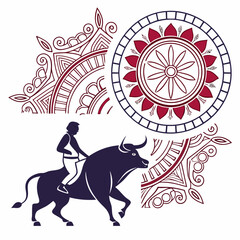 Silhouette of a person riding a bull with intricate circular mandala patterns in maroon and navy blue colors