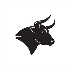 Bull face silhouette. This image shows a black silhouette of a bull's head with prominent horns and a strong, fierce appearance. Vector clipart illustration