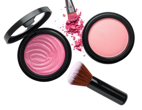 Pink blush compacts with a brush and powder, ready for application