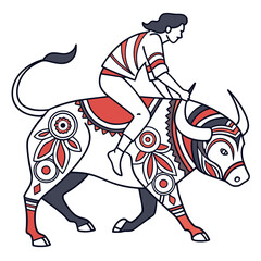 Stylized illustration of a person riding a decorated bull with intricate patterns and bold colors