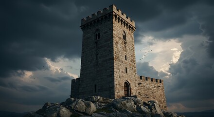 Ancient stone tower stands against a dramatic cloudy sky background