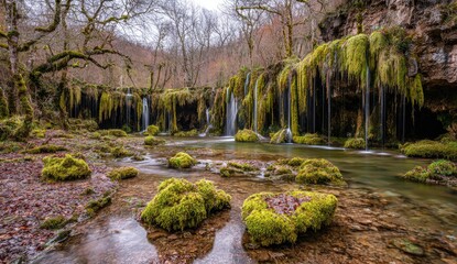 Lush, cascading waterfalls, draped in vibrant moss, flow down rocky cliffs, creating a tranquil, natural scene.