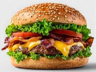 A delicious sesame seed burger with crispy bacon, cheddar cheese, lettuce, and tomato on a white background.