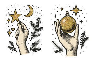 Vintage halftone collage Happy New Year and Merry Christmas card set with glitter elements, trendy halftone hands holding star, moon, and golden ornament, festive seasonal vector illustration