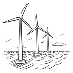 Three wind turbines stand in the ocean generating clean renewable energy with seagulls flying above the waves