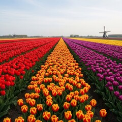 Vibrant Tulip Fields in Holland with a Classic Windmill
