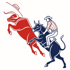 Dynamic illustration of a cowboy riding a bucking bull with another bull in the background