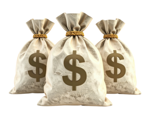 Three money sacks with prominent dollar signs, tied with rope