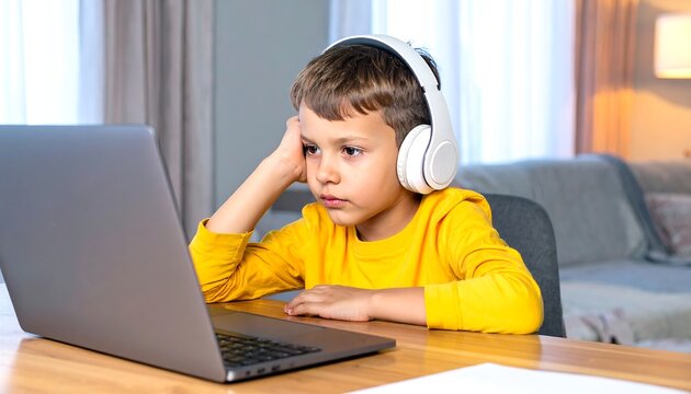 Bored young student wearing headphones during online class at home, feeling unmotivated with remote learning fatigue, highlighting challenges of digital education