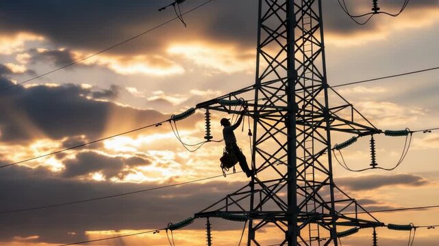 silhouetted worker hangs safely on massive electricity pylon against dramatic sunset sky with radiant sunrays breaking through scattered clouds Power lines and insulators are visible on the tower