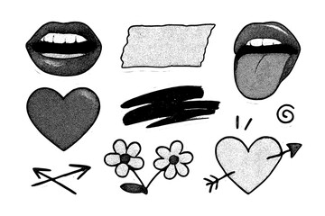 Trendy collage halftone sticker set. Grunge punk rock zine culture elements. Mouths, lips, torn paper, graffiti stroke, doodle heart with arrow, flower. Y2k retro scrapbook.