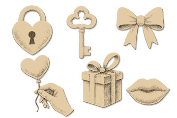 Elegant Valentine's Day halftone art collage paper sticker set. Various romantic paper clipping shapes with vintage dotted texture. Includes heart lock, key, bow, gift box, lips.