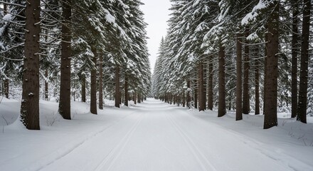 Winter's Embrace: Snow-Laden Pines Line a Pristine Trail, Creating a Serene Forest Vista