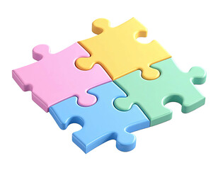 Obraz premium Isometric view of four colorful jigsaw puzzle pieces interlocked together on black