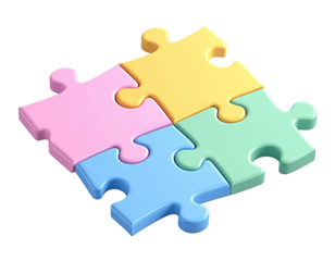 Isometric view of four colorful jigsaw puzzle pieces interlocked together on black