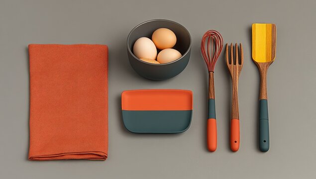 Cooking prep eggs, napkin, utensils, and a dish, still life