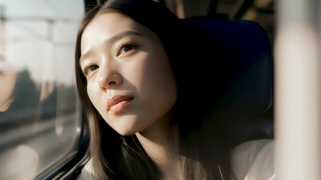 Mujer con cabello largo negro sentada pensativa observando hacia la ventana en un lugar oscuro