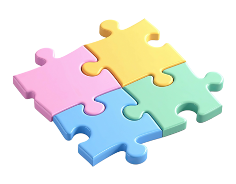 Isometric view of four colorful jigsaw puzzle pieces interlocked together on black