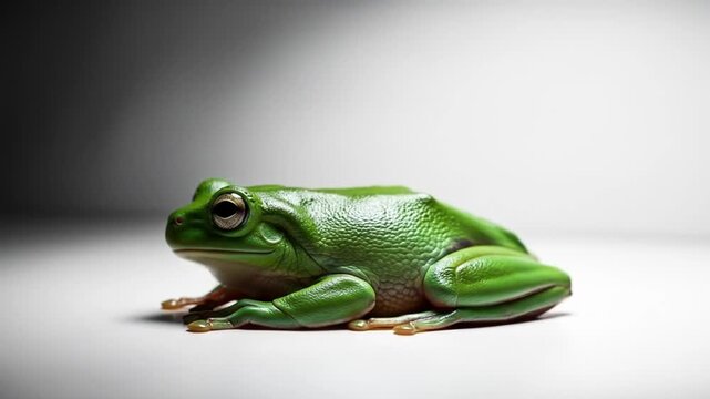 Emerald amphibian contemplates in a neutral expanse