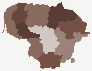 Obraz premium Map of Lithuania with regions. Just a simple country border map with region division. Brown color palette. Flat Lithuania shape with administrative division. Vector illustration.