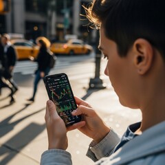 Young man analyzing stock market data on his phone in a bustling city street
