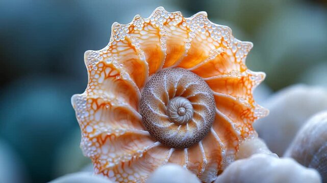 Close-up of a beautiful seashell with intricate spiral patterns and vibrant colors.