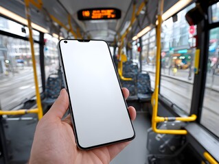 Hand holds blank smartphone screen inside a public transit bus traveling through the city streetscape.