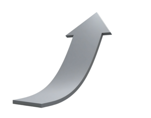 A curved, metallic gray arrow points upwards against a black background