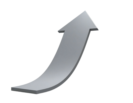 A curved, metallic gray arrow points upwards against a black background