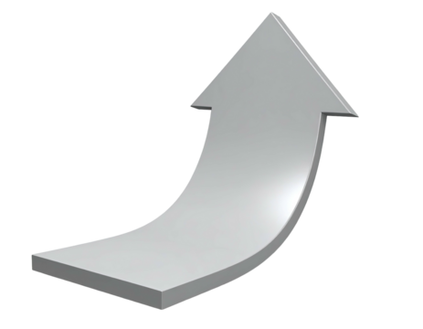 A stylized 3D gray arrow curving upward against a black background
