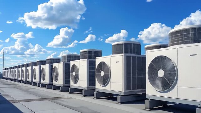 Rooftop units, aligned against bright clouds