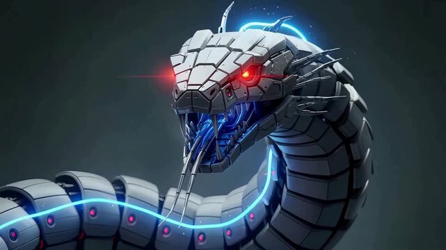 Dynamic robotic snake with glowing red eyes and vibrant blue neon lights coils menacingly, showcasing advanced AI and futuristic technology
