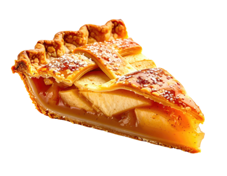 A slice of freshly baked apple pie, lattice crust, golden glaze, cut out