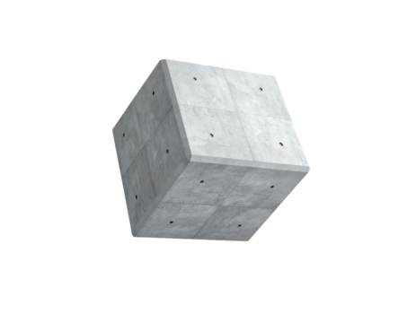 An angled, textured gray concrete cube hovers against a stark black background
