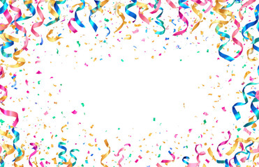 Colorful confetti and ribbons frame blank space, creating festive atmosphere perfect for celebrations and special occasions. vibrant colors evoke joy and excitement