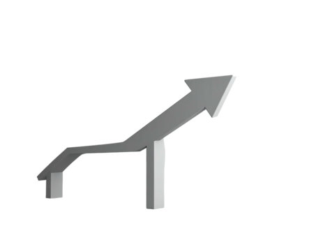 A gray, 3D arrow curving upwards on a black background, growth concept