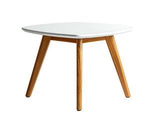 A small modern table with a white triangular top and wooden legs