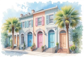 Naklejka premium Pastel Hues Southern Grace Watercolor Painting, Historic District, Sunny Day