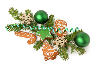 Christmas tree branches with balls, decorative snowflakes and gingerbread cookies on white background
