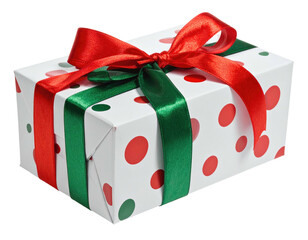 A white box with red & green polka dots, tied with red & green ribbons