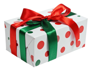 A white box with red & green polka dots, tied with red & green ribbons