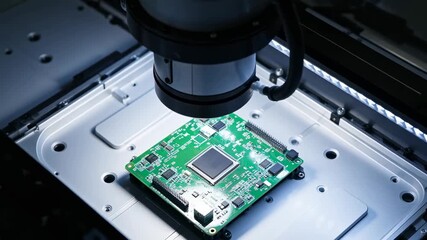 Automated optical inspection of a green circuit board by a precision robotic camera system in a factory setting