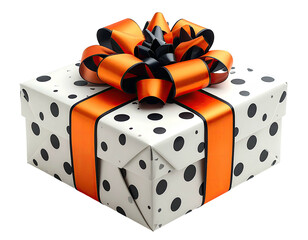 A wrapped present with a dotted pattern and a vibrant orange and black bow