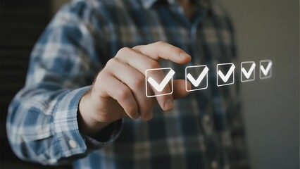 Person interacting with digital checkmarks on a transparent screen