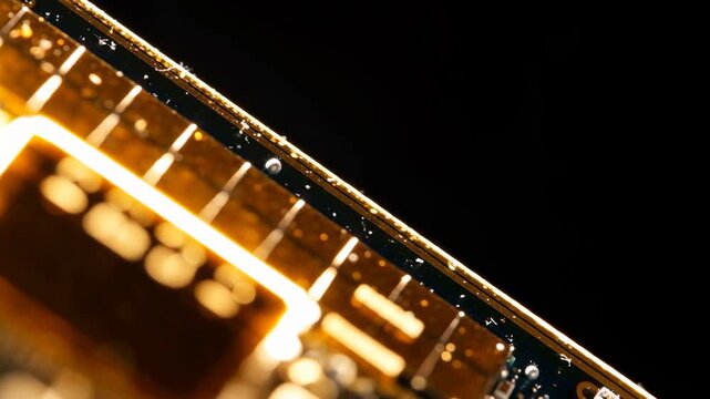 Close-up of water falling on electronic circuit board pins against a dark background