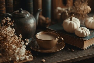 Still life arrangement of autumnal objects on a wooden surface.