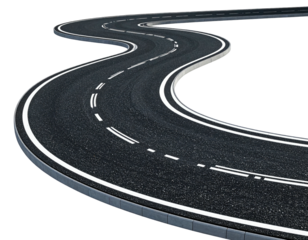 A winding asphalt road with lane markings and a white border, isolated on black