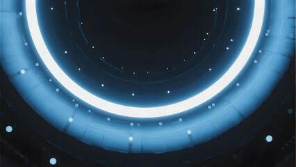 Obraz premium Circular neon light structure with glowing blue rings and scattered particles in a dark environment