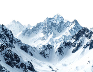 Rugged, snow-capped mountain range, peaks piercing a clear blue sky