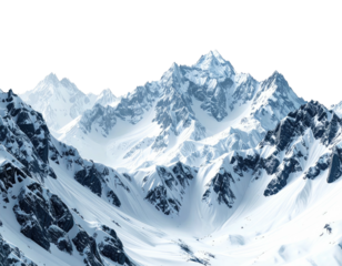 Rugged, snow-capped mountain range, peaks piercing a clear blue sky